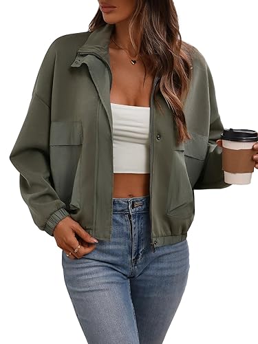 FLYCURVY Women's Cropped Oversized Safari Jackets Zip Up Stand Collar