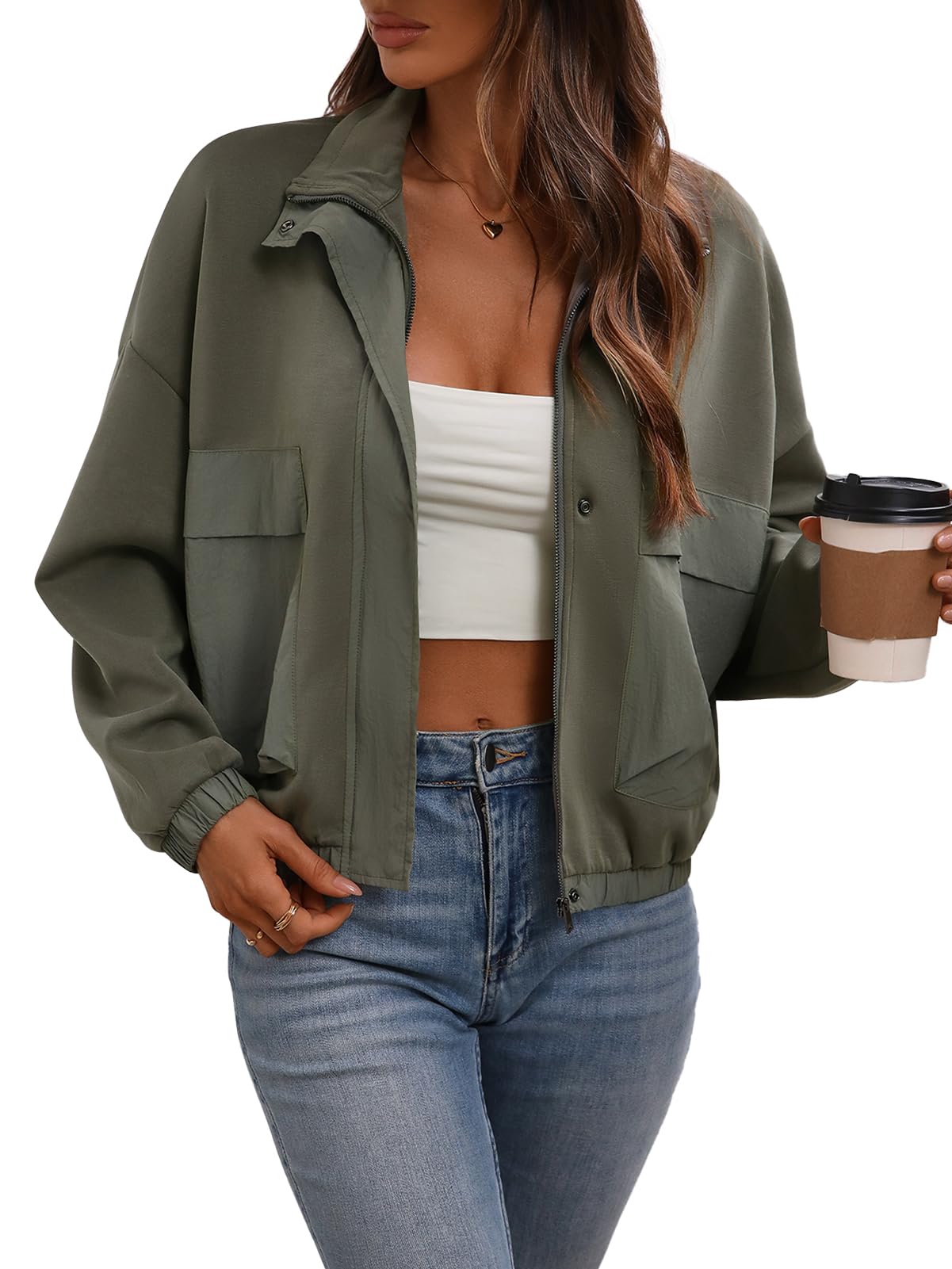 FLYCURVY Women's Cropped Oversized Safari Jackets Zip Up Stand Collar Neck Long Sleeve Utility Anorak jacket with Pocket