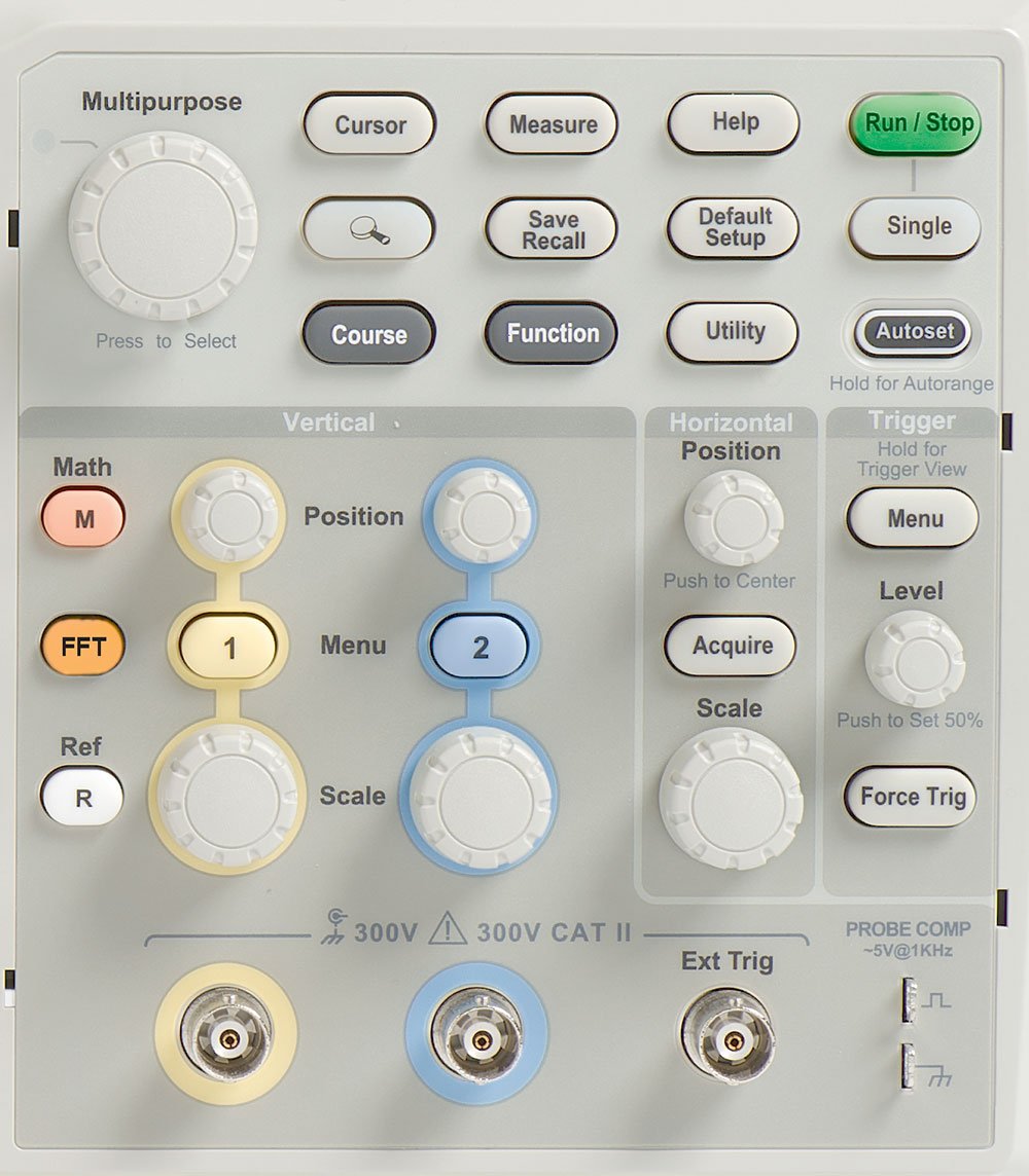 Close-up view of the Tektronix TBS1052B-EDU oscilloscope's control panel, showing knobs and buttons.