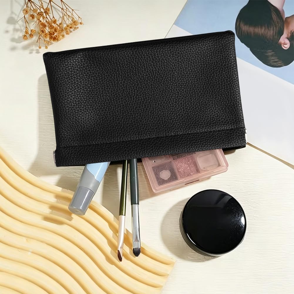 2Pcs Beige Rectangle Imitation Leather Cosmetic Pouch Portable Black Coin Makeup Clutch Bags Snap Closure Mini Travel Jewelry Bag Organizer Case Bulk for Women Purse Home Accessories Supply image 4