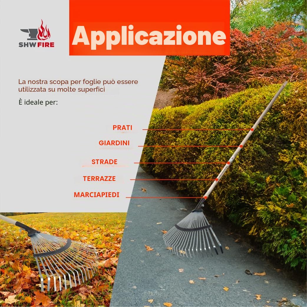 SHW-FIRE 59068 rastrello per foglie professionale, zincata, larghezza regolabile, 22 denti, con manico in legno di frassino, lunghezza di 135 cm, colore argento