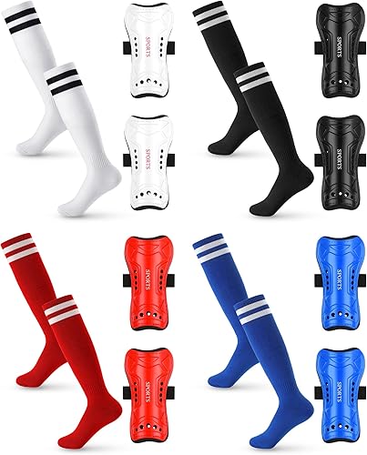 Toulite 4 pares de espinilleras de fútbol, 4 pares de calcetines de fútbol para niños, equipo de protección de pantorrillas, equipo de fútbol para