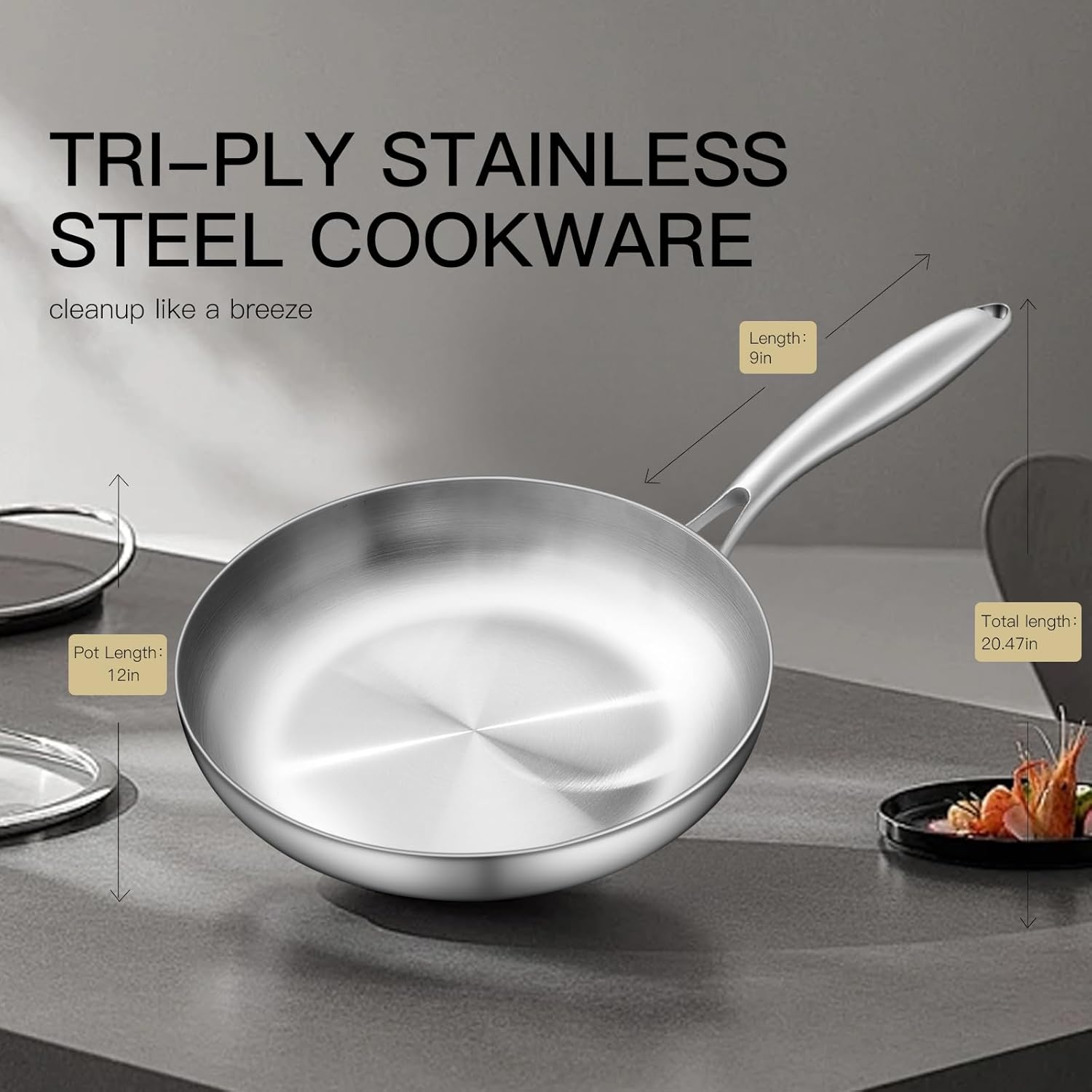 12" Stainless Steel Frying pan, 3-Ply Stainless Steel Pan, Induction, Oven Broiler Safe 600F Skillet, Professional Cookware, Silver，Suitable for All Stove (Detachable Handle)