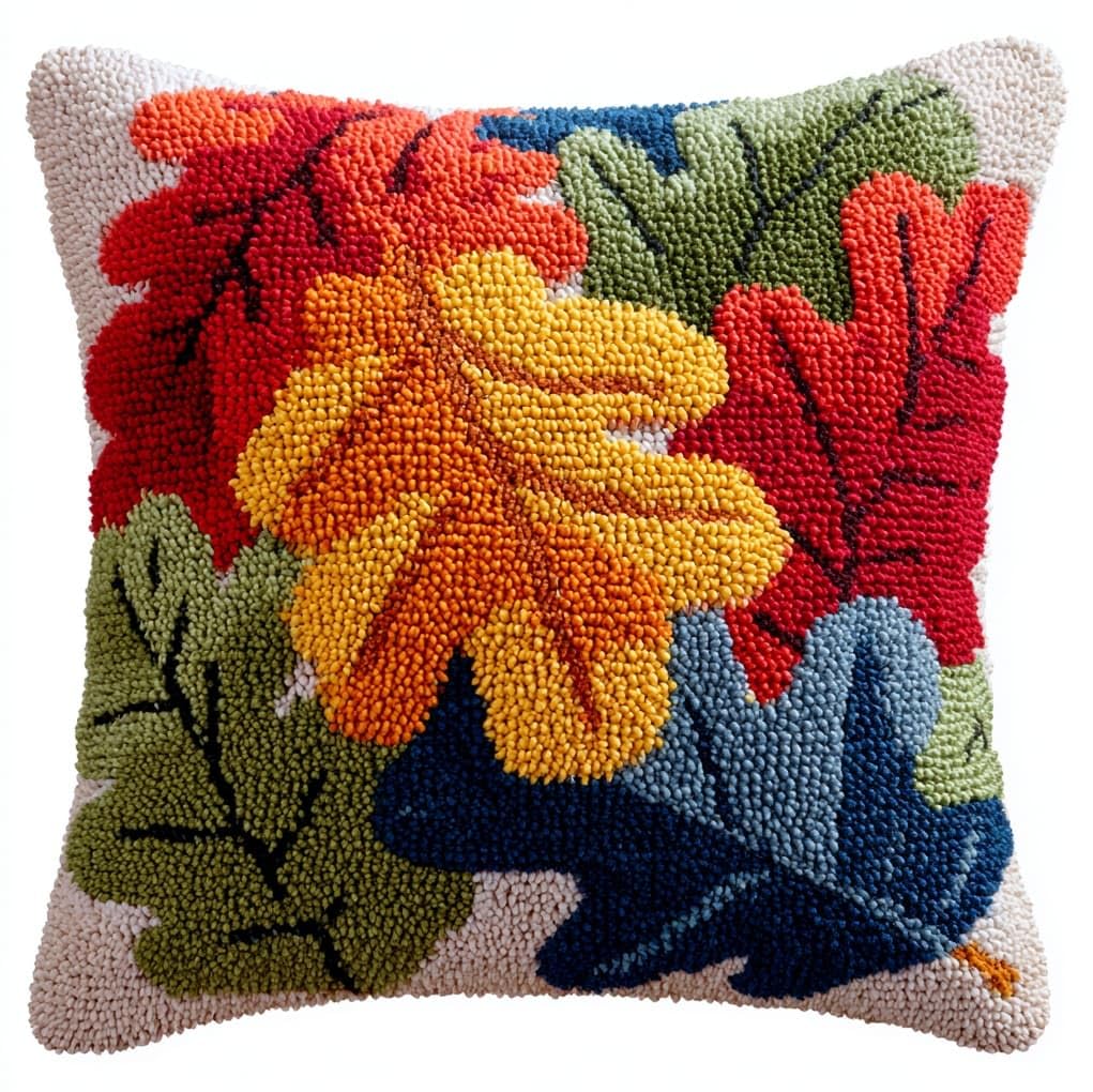 WallustrioaW Latch Hook Pillowcase Kits,Oak Leaves,Needlework DIY Cushion Cover Hook and Latch Kit Christmas Home Crafts Sofa Decoration,17x17in