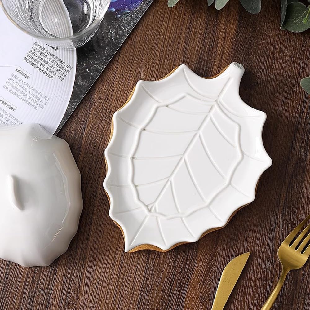 Naczynie z masłem Ceramiczny talerz na masło Kreatywny liść w kształcie zachodniego sera z pokrywką Pudełko Talerz Dim Sum, odpowiedni do hoteli i restauracji(Duży)