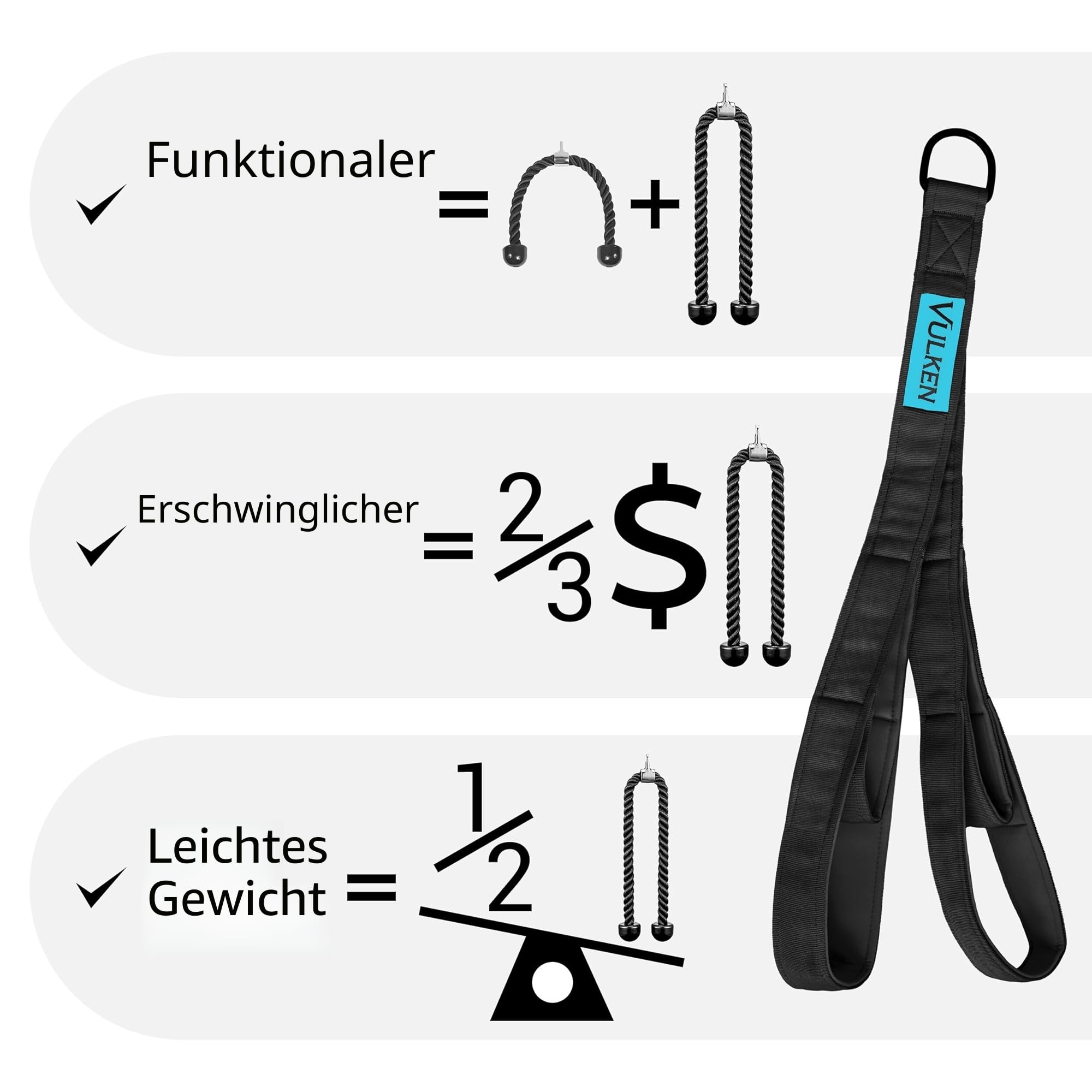 Vulken Trizepsseil-Kabelbefestigung, zwei Größen in einem, extra langes Zugseil, Trizeps-Verlängerungsgurte, Fitnessgerät, Griffe für Trainingsbänder zu Hause (L)