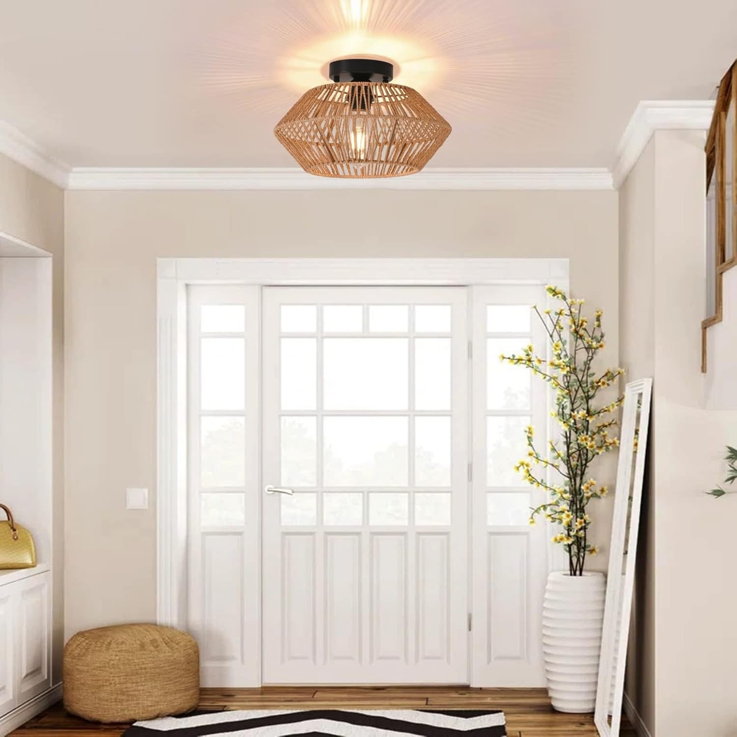 Rattan Ceiling Light, Boho Semi Flush Mount Ceiling Lighting Fixtures Hand-Woven Hemp Rope Cage Rustic Ceiling Lamp for Bedroom Kitchen Hallway Farmhouse (Brown)