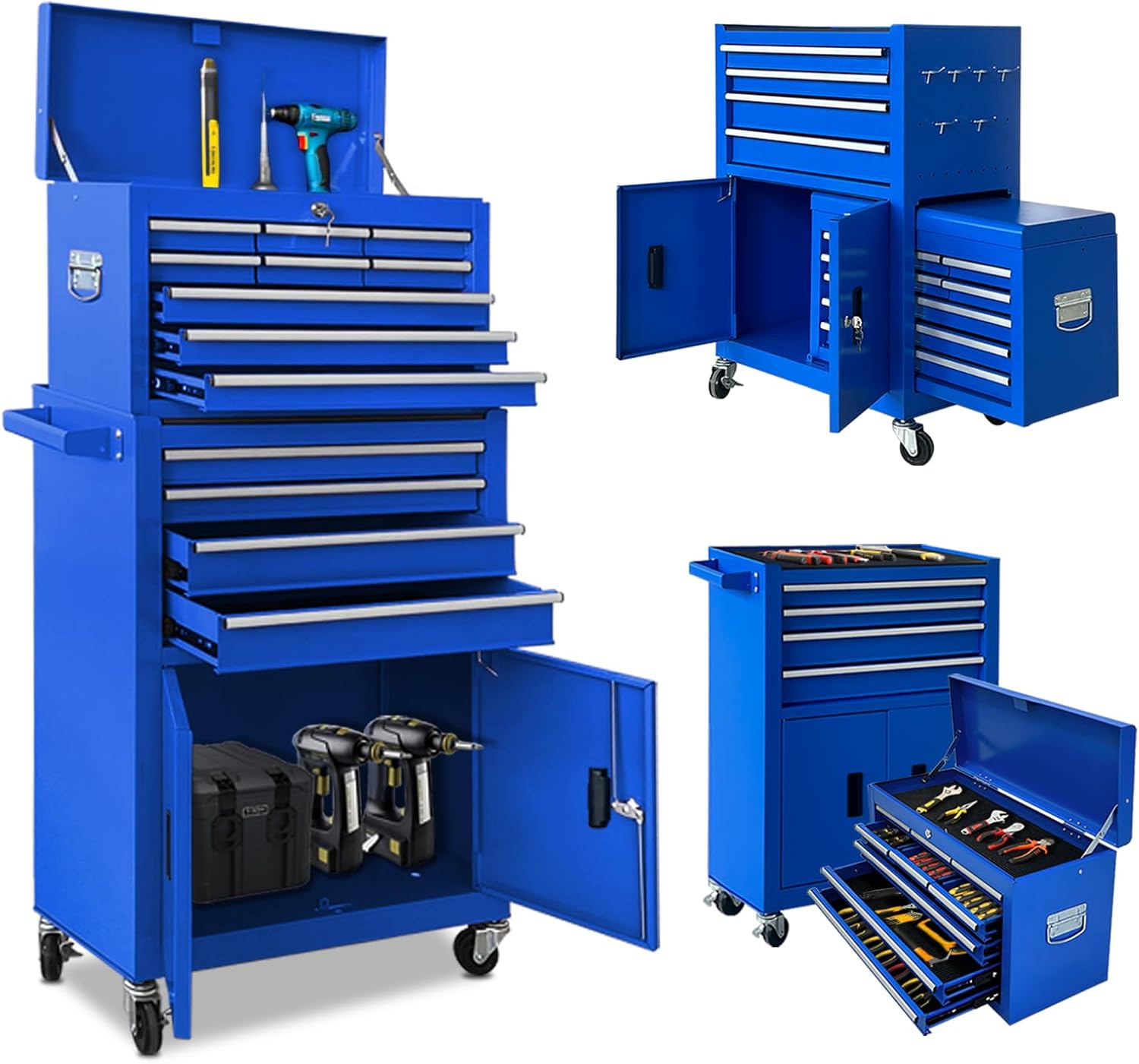 Cofre de herramientas de 13 cajones con doble manija de puerta, 2 en 1, baúles de herramientas desmontables con ruedas y cajones, caja de