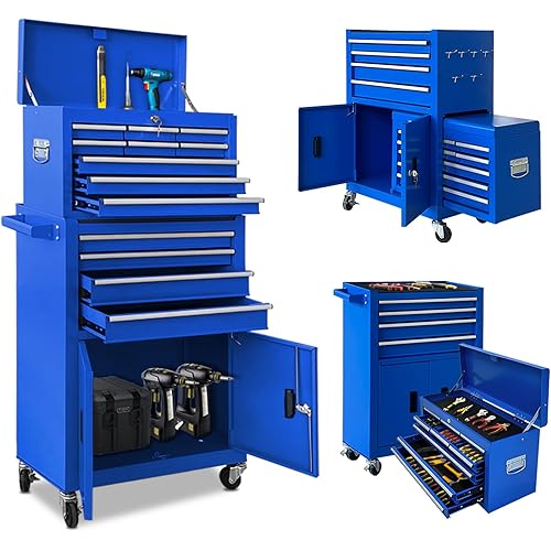 13-Drawer Rolling Tool Chest, 2 in 1 Detachable Metal Tool Cabinet with Lock & Wheels, Heavy-Duty Tool Storage Organizer for Garage, Workshop, Auto Repair & Home(Blue)
