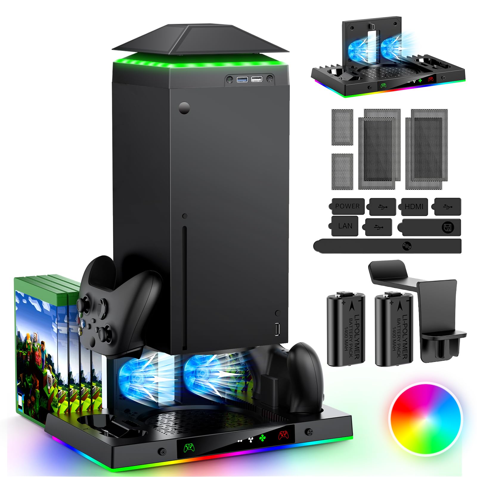 MENEEA Upgrade Cooling Fan &amp; Dual Charging Stand for Xbox Series X Console &amp; Controller,Cooling Fan Dust Proof for Xbox Series X Console with Colorful Light Strip
