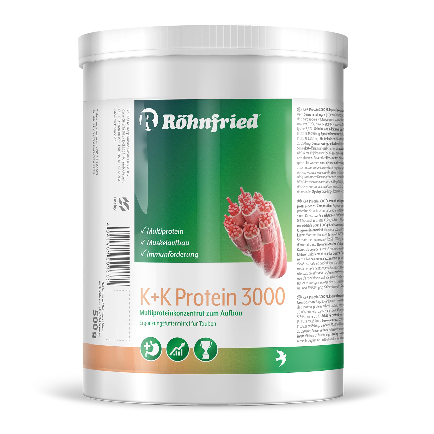 Röhnfried – K+K Protein 3000 Multiprotein | Für den Muskelaufbau bei Brieftauben | Unterstützt die Verdauung und das Immunsystem (500 g)