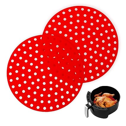 Air Fryer Liners, Set of Two,9-Inch Air Fryer Liners Round, Flexible Air Fryer Accessories, Red Reusable Non-Stick Silicone Air Fryer Mats, Easy to Clean, Perforated Design for Maximum Air Flow