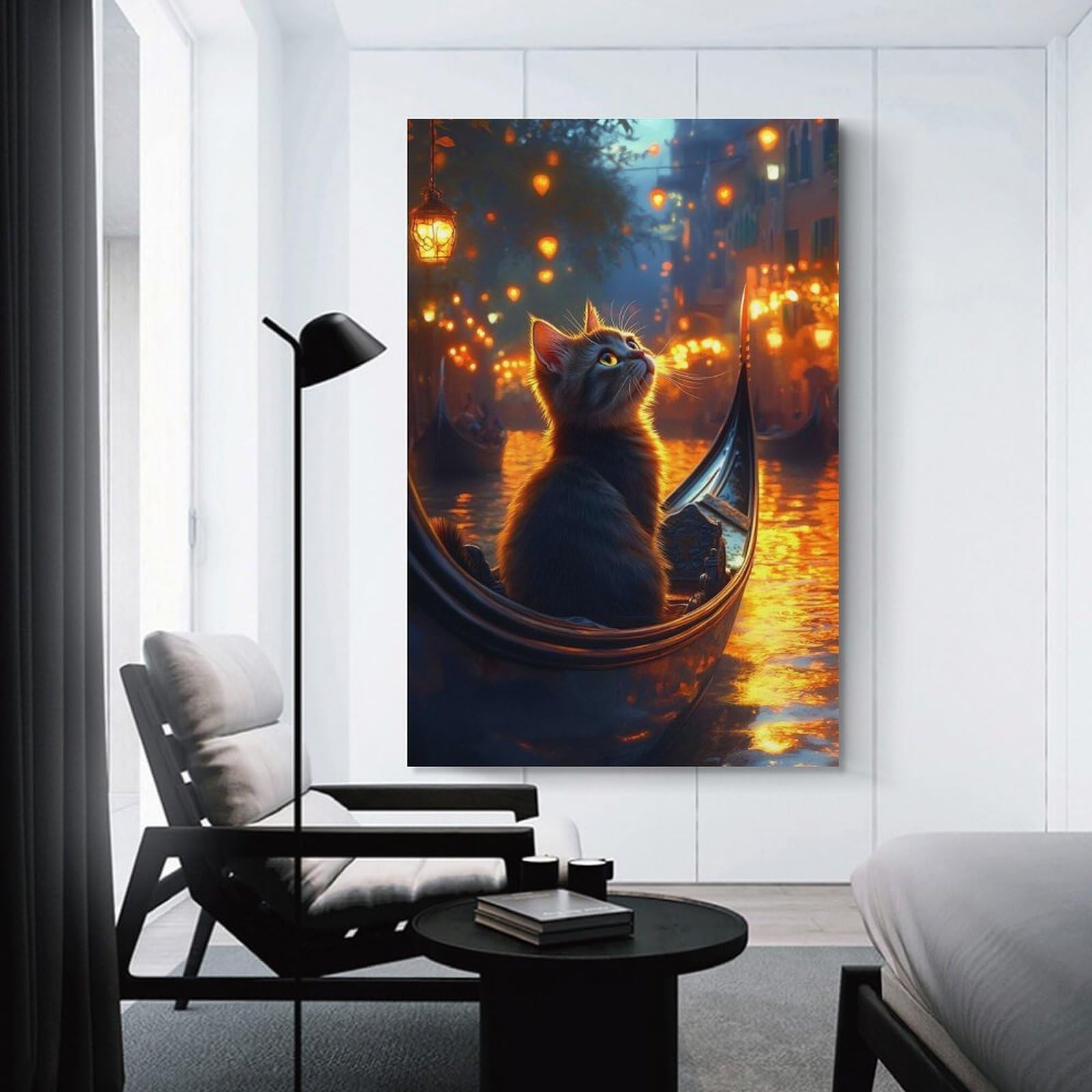 Junmoney Cat in Gondola, Venice at Night Decorative Wall Artwork, 24x36inch(60x90cm), for Home Lounge, Bedroom Or Reading Nook, Easy Decor for Gallery Walls