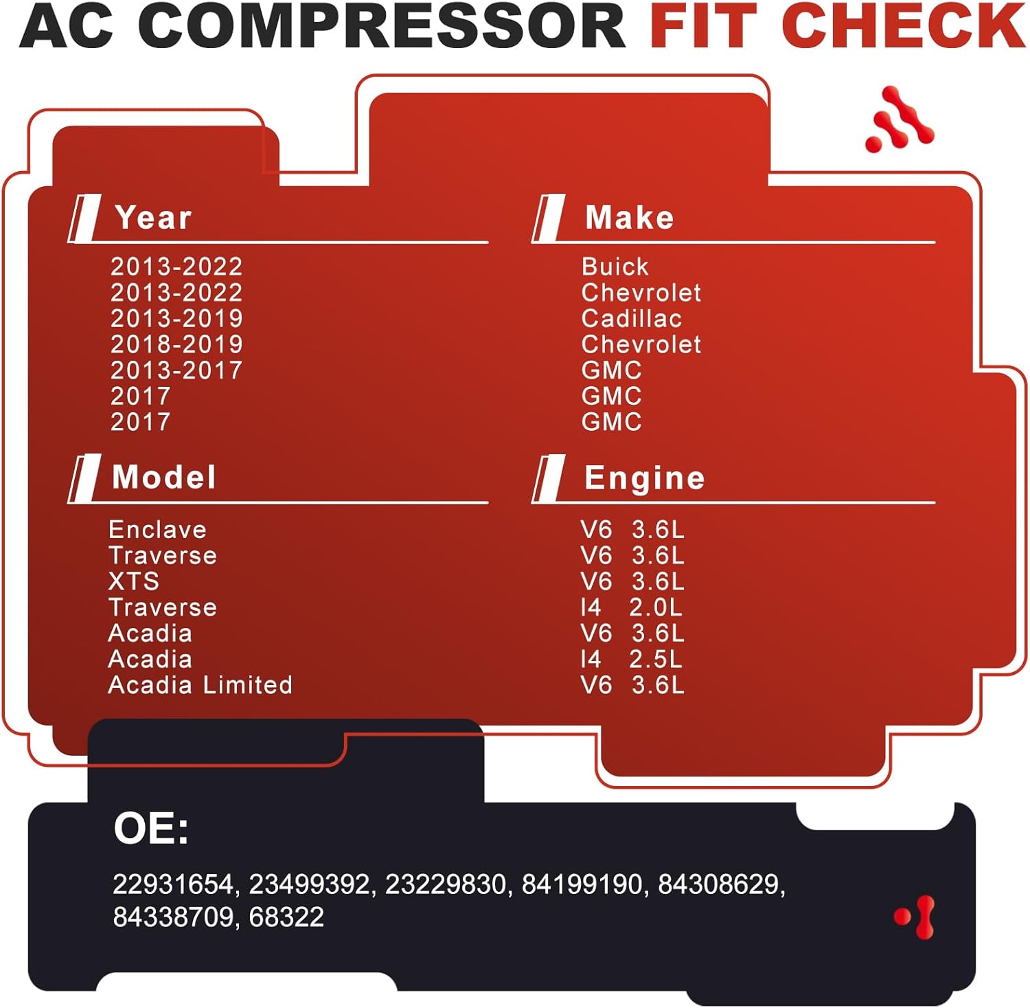 AC Compressor for Buick/Chevrolet/Cadillac/GMC 2013-2022 (3.6L V6, 2.0L/2.5L L4) | OE Replaces 22931654,23229830,84308629,68322 | A/C Compressor & Component Kit | Restores Powerful Cooling