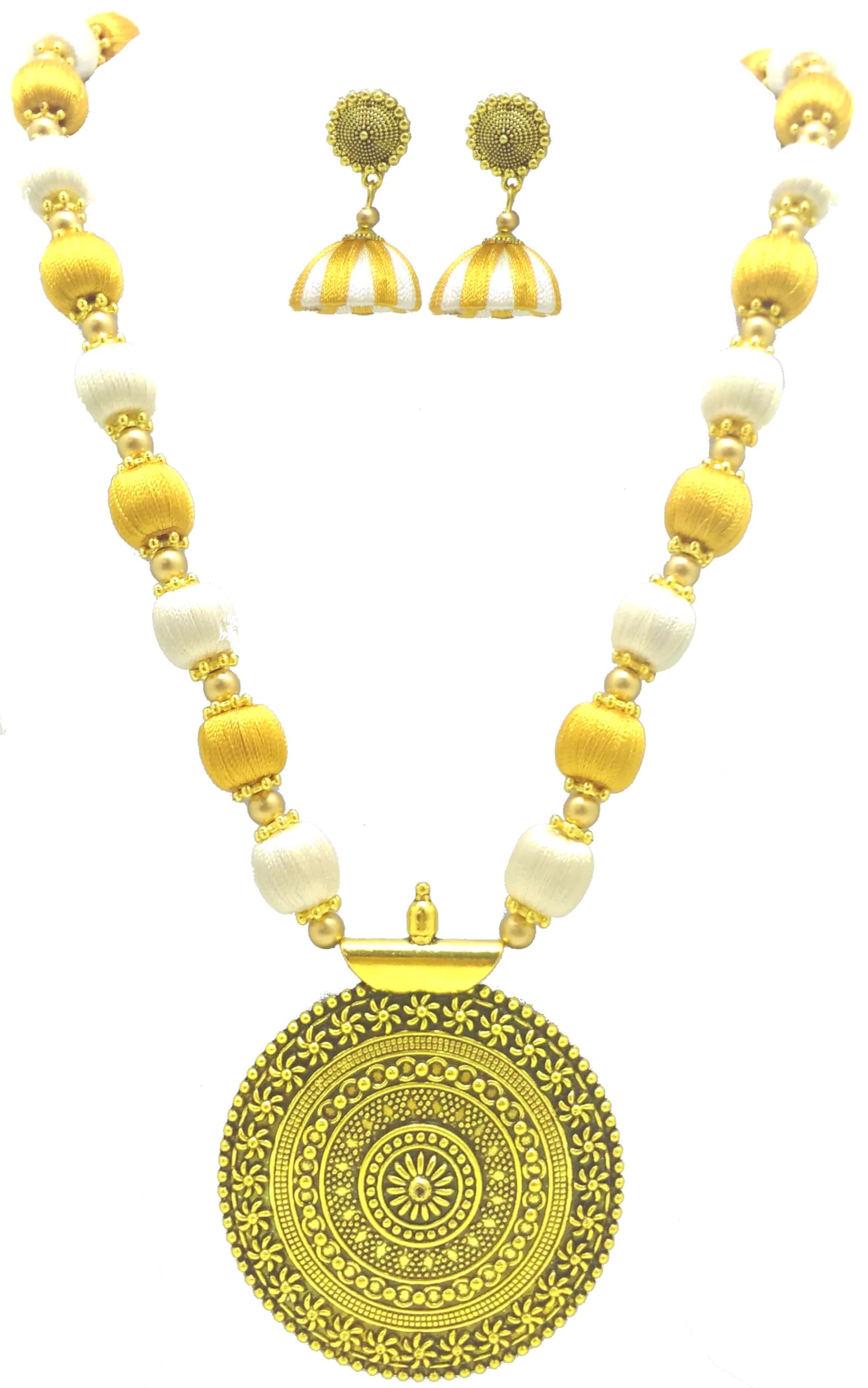 MDS FASHIONS Double Color Silk Thread Beads with Antique Chakra Necklace and Earrings set for Beautiful Women (MDS-1046D) (Gold-White) (B07R44GZS8) Amazon Price History, Amazon Price Tracker
