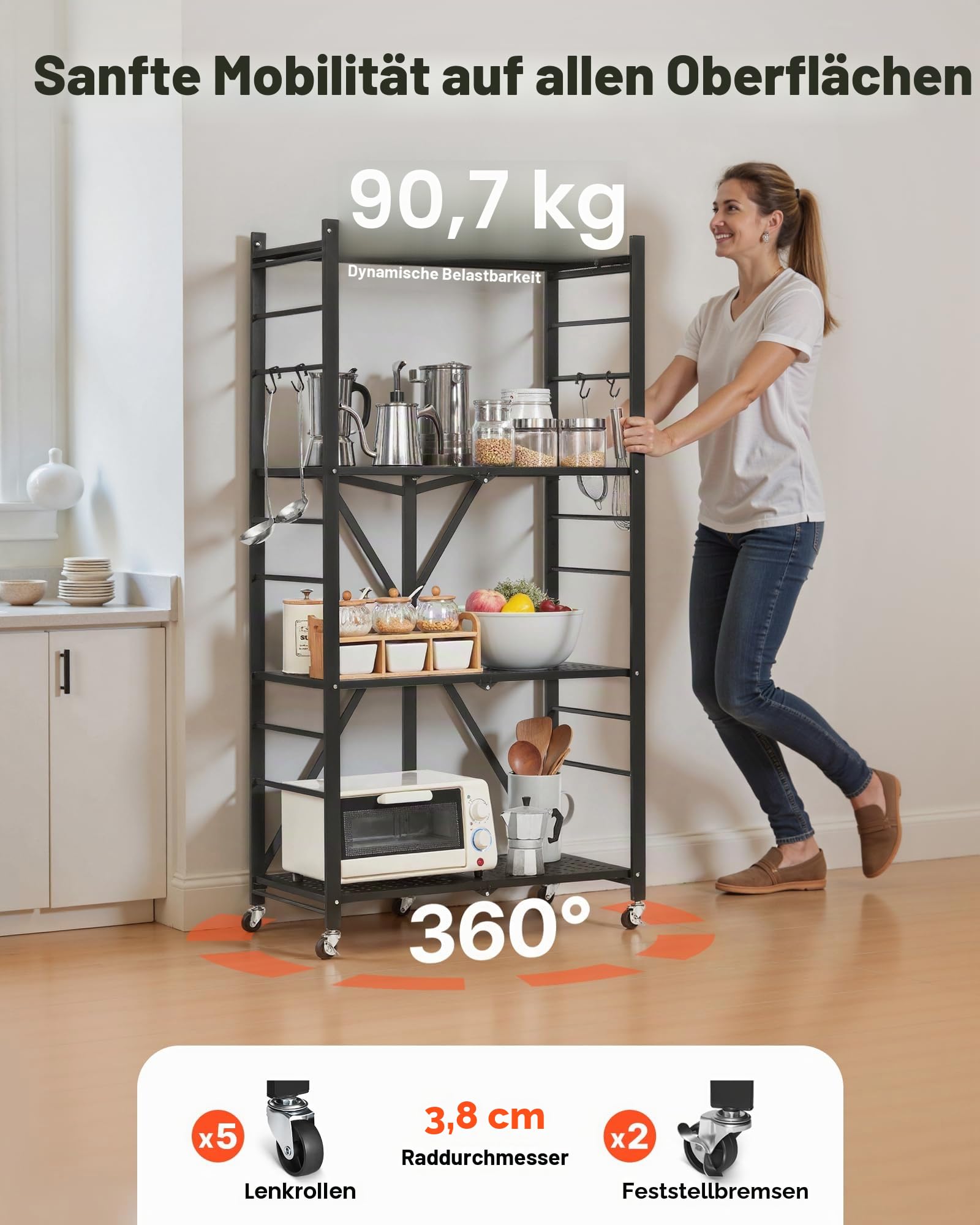 VEVOR 4 Etagen, Klappbare Regale mit Rädern, 33x71x137 cm, Faltbares Schwerlastregal, montagefreies Standregal, Haushaltsregal, Küchenregal, Metallregal für Garage, Küche, Keller, schwarz