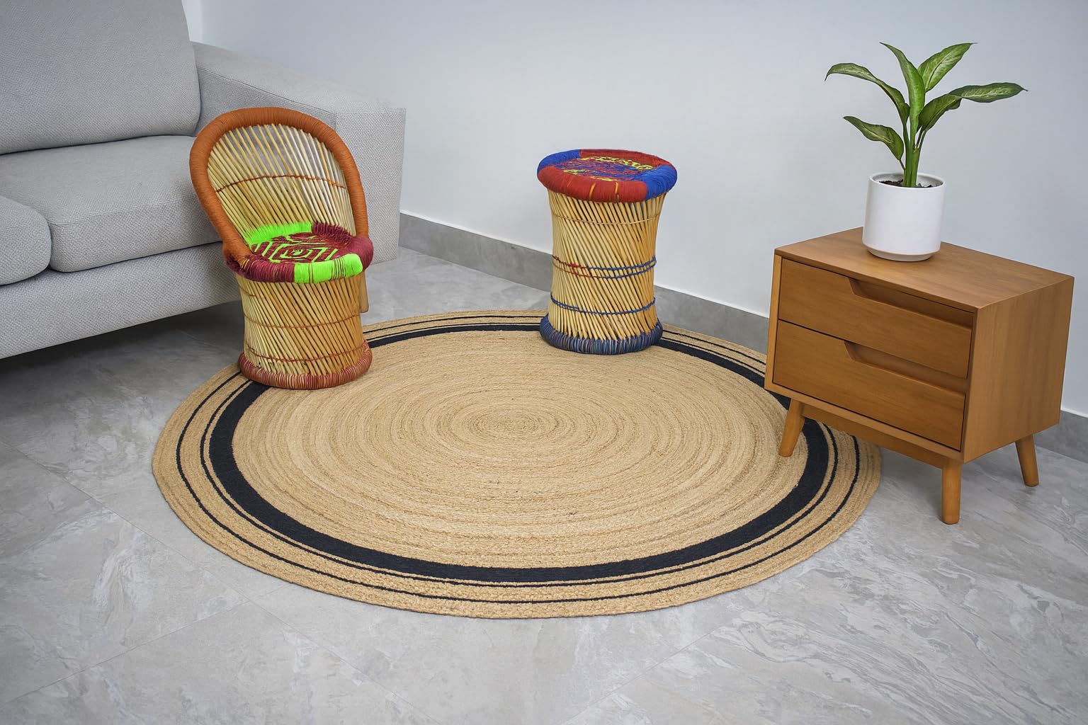 Tapis tressé à la Main en Jute Naturelle avec Lignes Noires - Rond - 150 x 150 cm