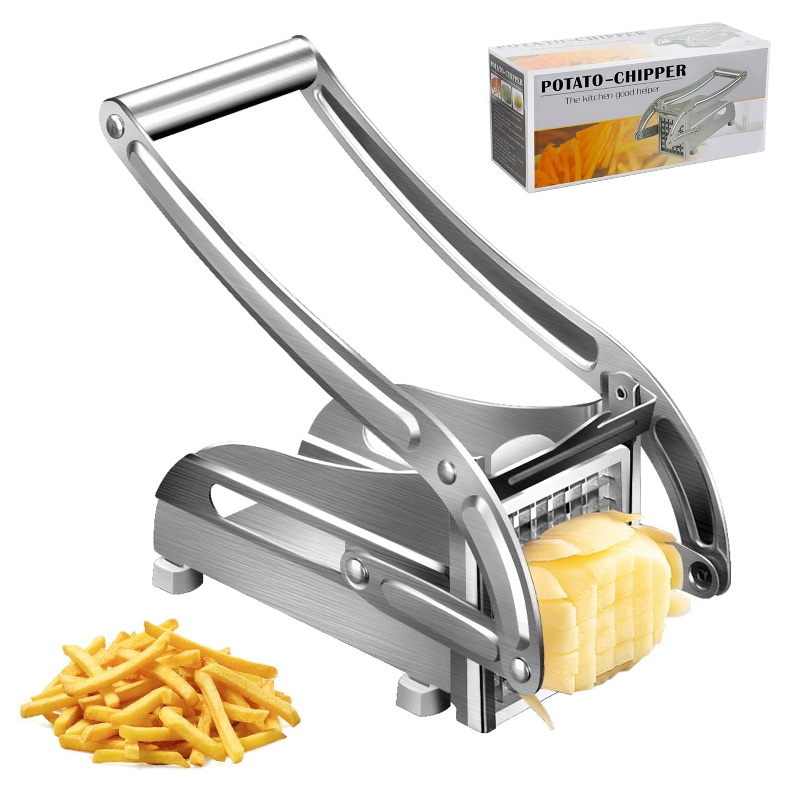 Kartoffelschneider Aus Edelstahl – Profi-Pommes-Schneider Mit 2 Klingen (1/2 Zoll & 3/8 Zoll) & Saugnäpfen | Für Kartoffeln, Karotten, Zwiebeln