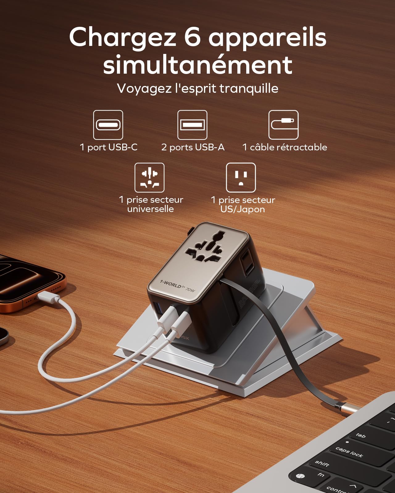 MOMAX Adaptateur de Voyage 70 W avec Câble Extensible, Compatible avec Le Monde Entier, Doté de 2 Prises Secteur, 2 Prises USB-A et 2 Prises USB-C. Adaptateur de Voyage International - Titane