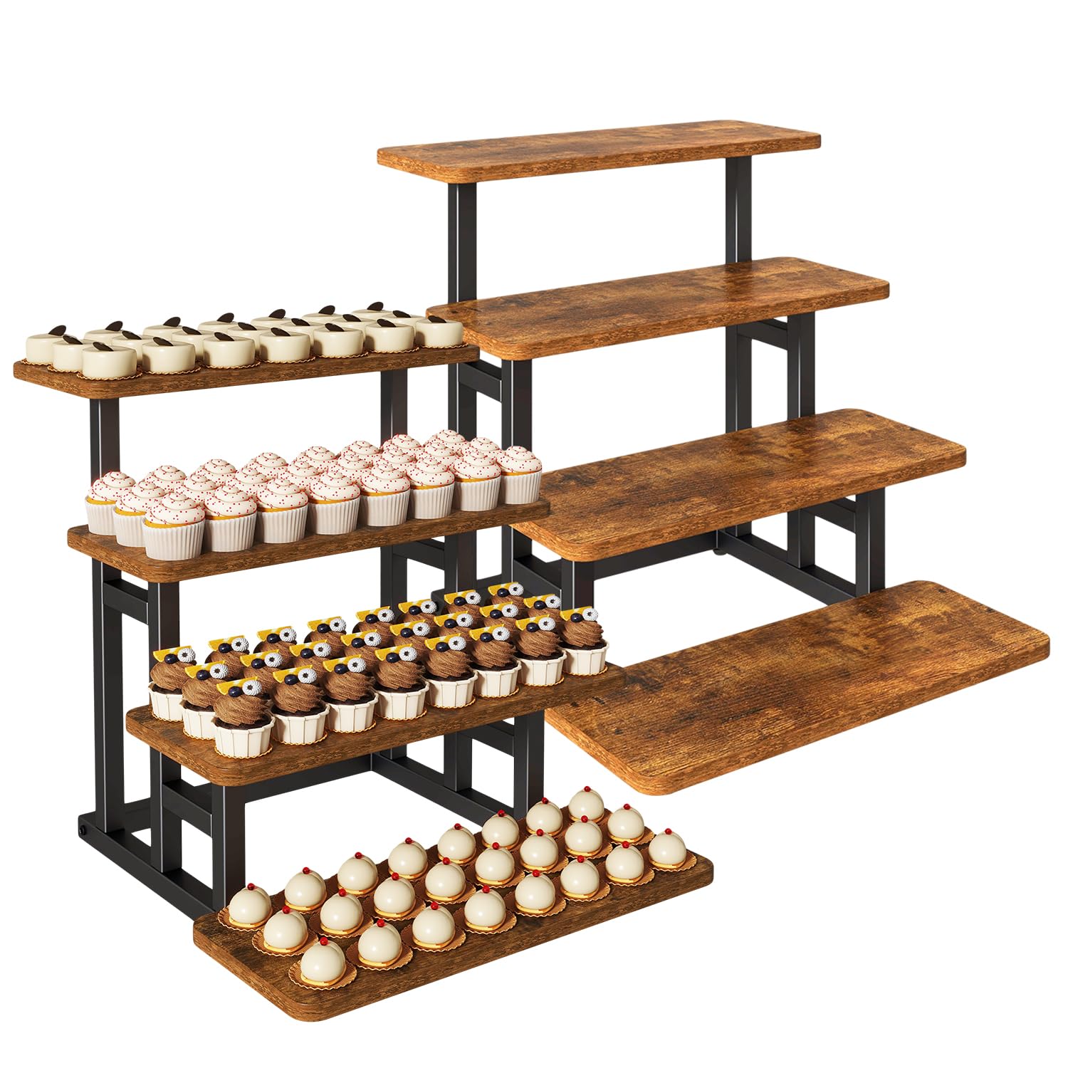 IBUYKE 4 Tier cupcake stand, Set of 2,Wooden Risers Display Stands Serving Trays,Tiered Display Stand,Dessert Table Display for Party,Afternoon Tea,Rustic Brown TLJ018H-2