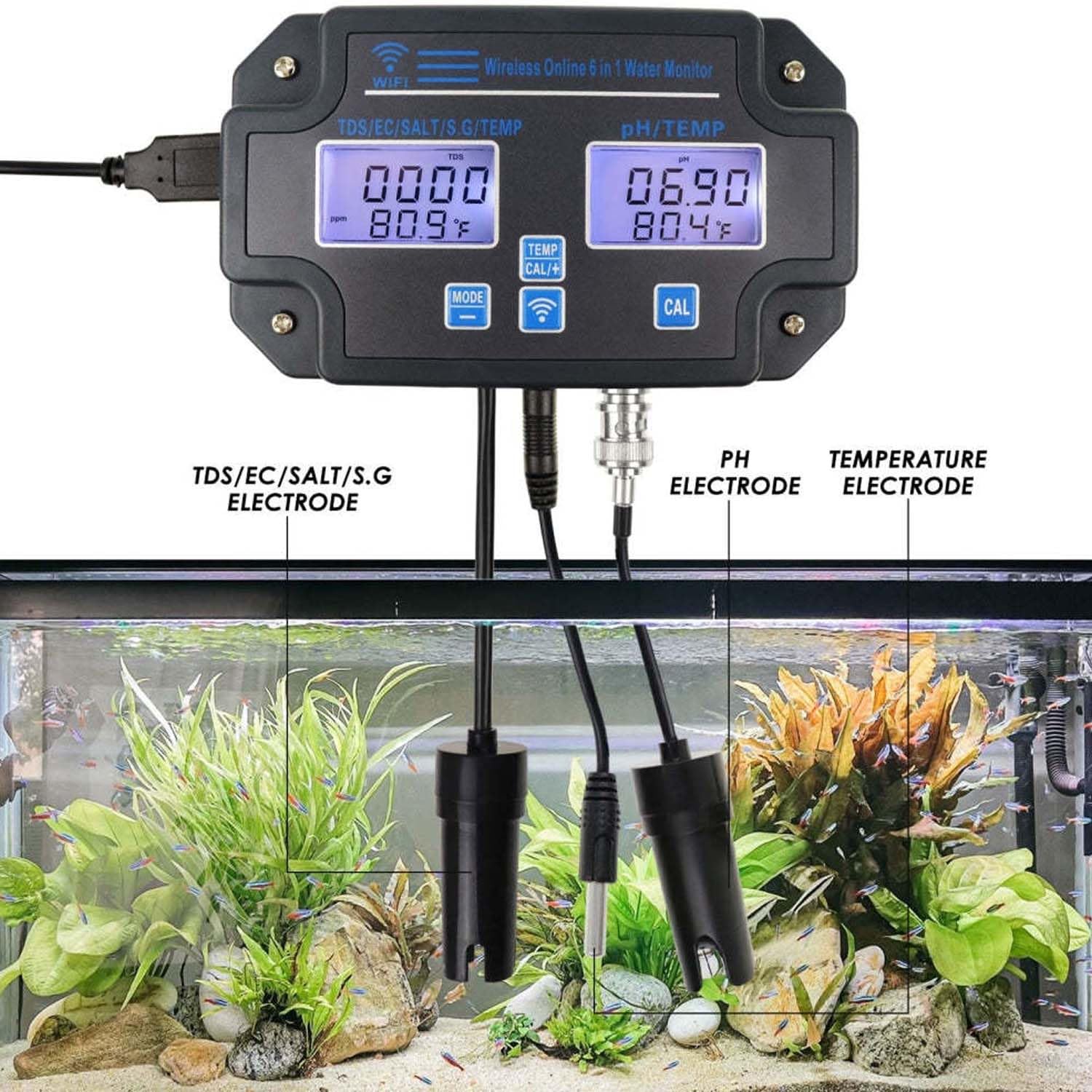 Tester jakości wody – pH 6 w 1, EC, TDS, zasolenie, SG, temperatura, łatwa kalibracja, 24 godziny monitorowania aplikacji online, idealny do akwariów i laboratoriów domowych