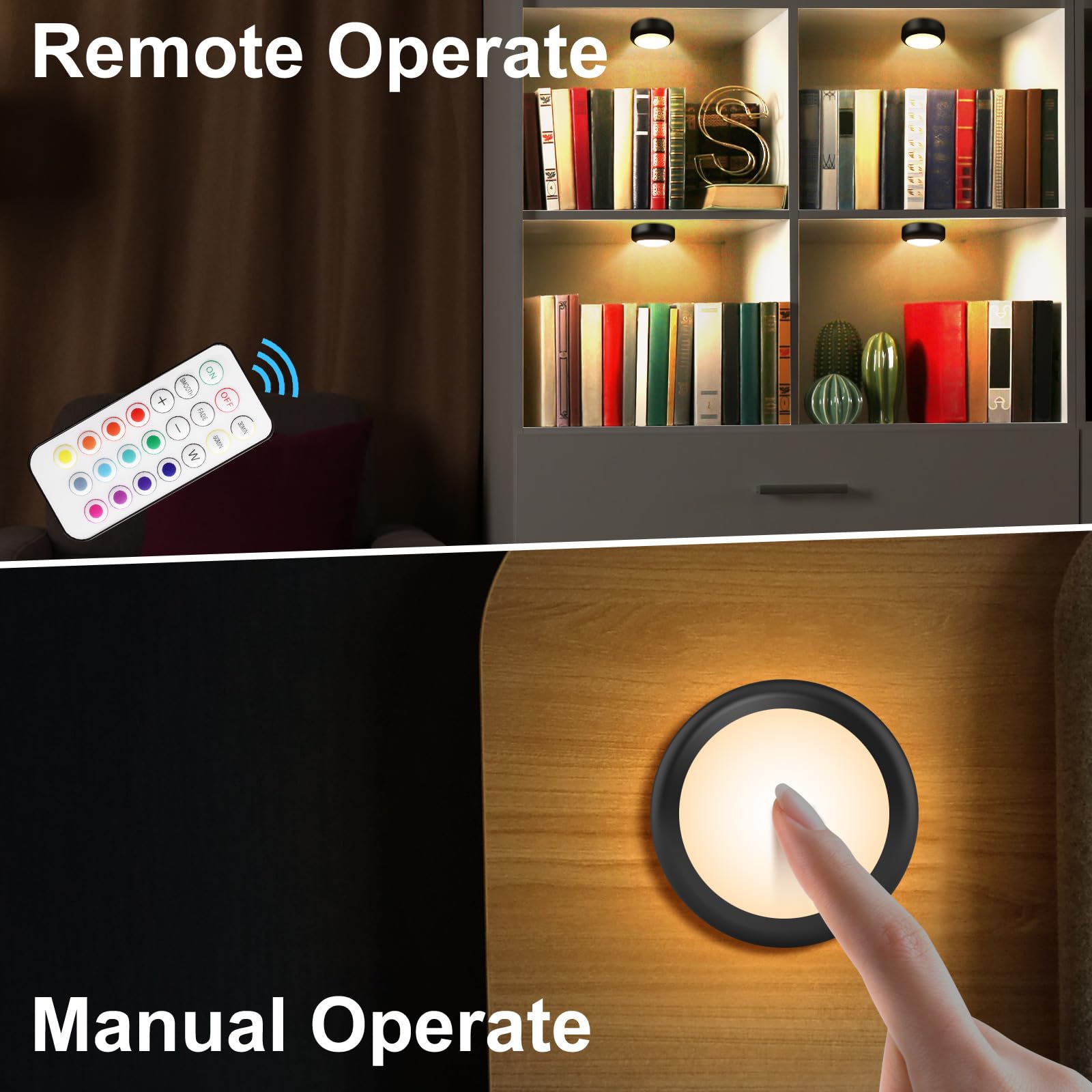 Alivation Puck Lights with Remote Control, LED Under Cabinet Lighting Wireless, LED Light Battery Operated, Tap Battery Powered, Stick on Push Lights for Closet, Kitchen, Wall, Counter (Black)