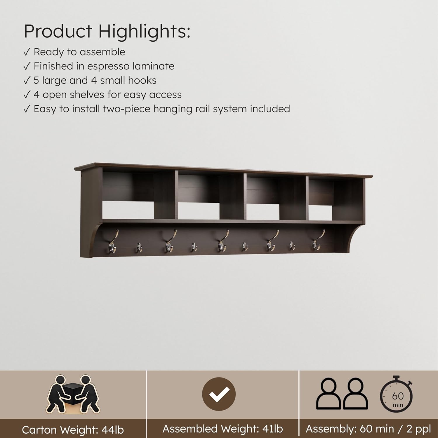 Prepac 60" Contemporary Wall Mounted Coat Rack, Coat Hooks Wall Mount with 4 Shelves, Ideal for Hallway or Entryway Storage Solution, 11.5"D x 60"W x 16.5"H, Espresso