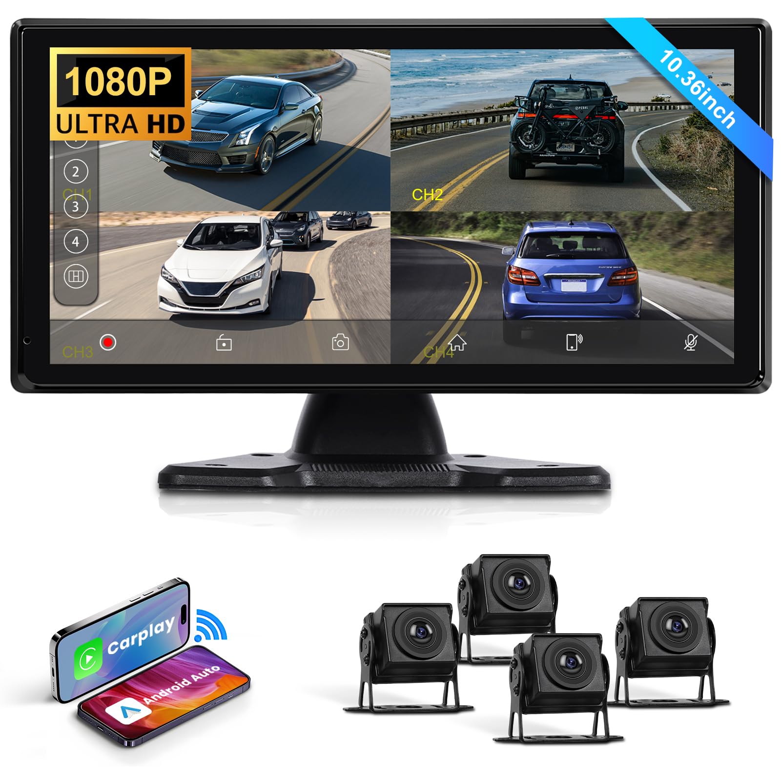 Hodozzy RV 4 Telecamera Pposteriore con Carplay Senza Fili Android Auto, 10,36 Zoll IPS Bluetooth Touchcreen, DVR 1080P con USB/TF Card, IP68 Impermeabile Visione Notturna per Camion Autobus Camper