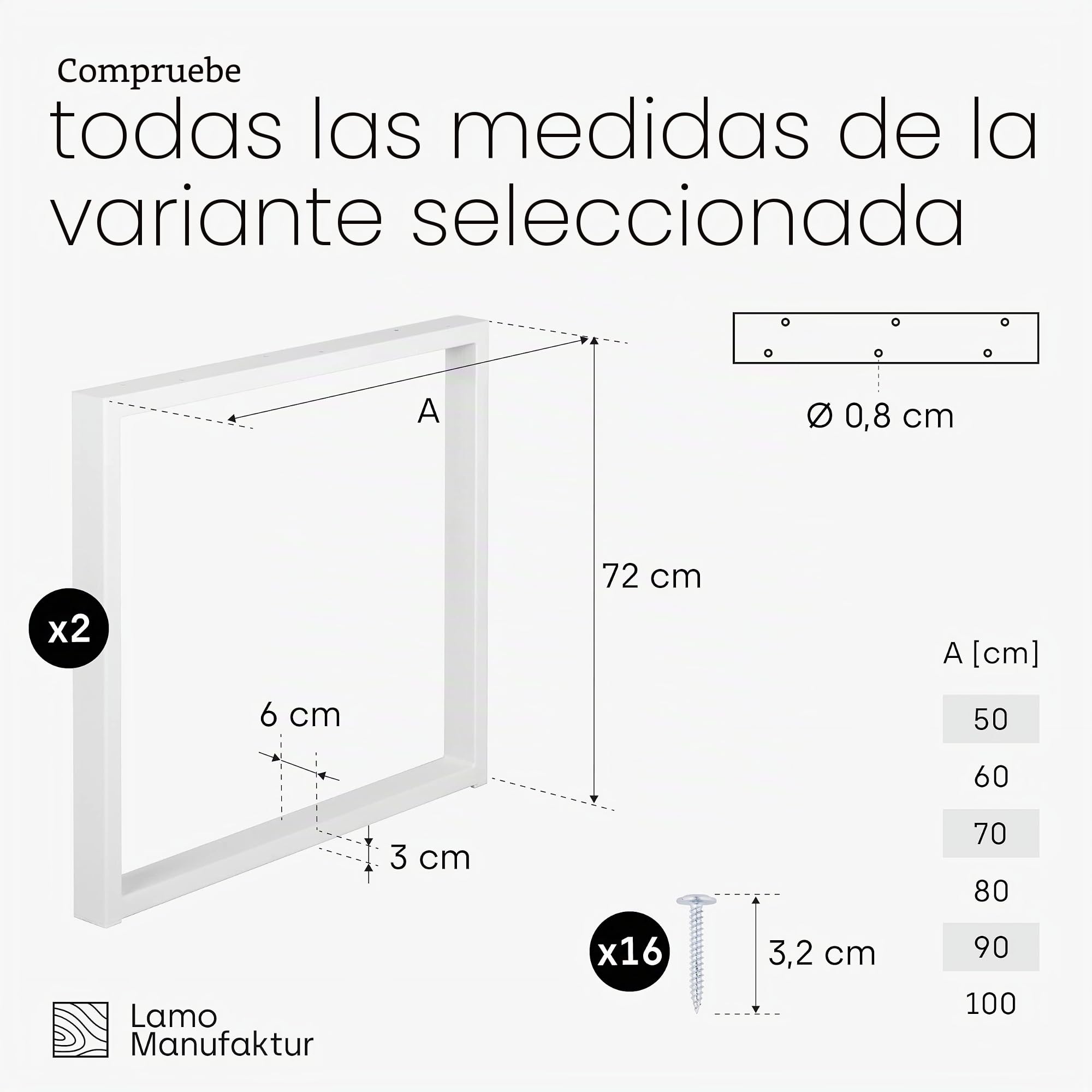 LAMO Manufaktur Patas para Mesa Comedor, Patas de Acero para Escritorio, Simple Medium, Perfil 60x30 mm, Pata para Mesa, 50x72 cm (Ancho x Alto), Color Blanco, 2 Piezas, LTS-01-D-CC-9016