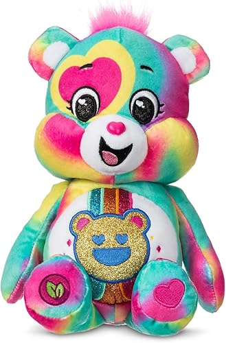 Miniatura 2 de Plush Care Bears - Oso Good Vibes con purpurina de 9 pulgadas, teñido anudado multicolor, hecho de materiales reciclados. Bueno para niñas y niños,