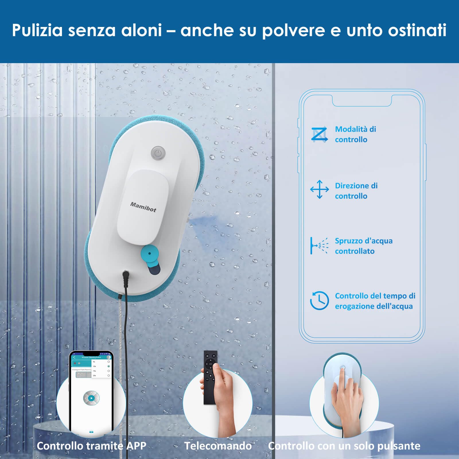 Mamibot W110-P - Robot di pulizia per finestre, automatico e intelligente, anti-goccia, con app e telecomando, per vetro, piastrelle, 12 panni (Bianco)