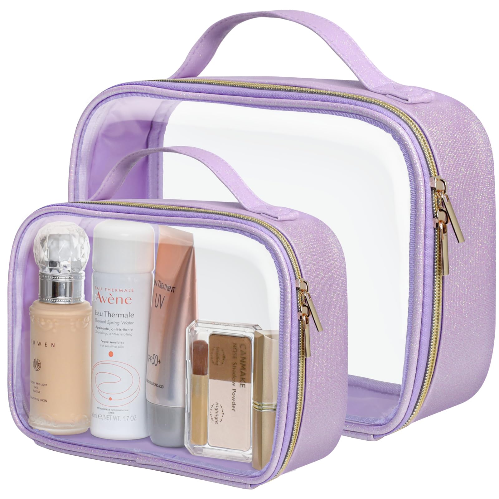 PACKISMTSA Approved Toiletry Bag - Glitter Textured Clear Travel Bag, Personalized and Fashion, with 180° Large Opening and Supporting Frame, Perfect for Travel Essentials, Thick No Smell, Purple