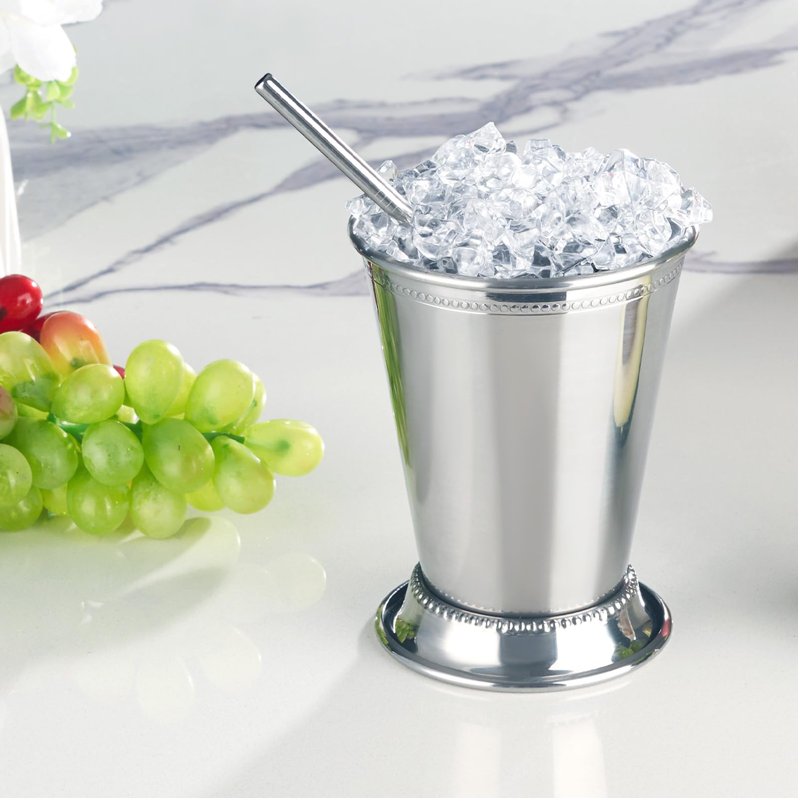 Fijinhom Julep-Becher mit Strohhalmen, Edelstahl, Perlen, Minze, Julep-Gläser für Cocktails, gemischte Getränke, Metallbecher für Bier, Saft, Getränke, Party, Bar, Zuhause, Restaurant, 340 ml, 4 Stück