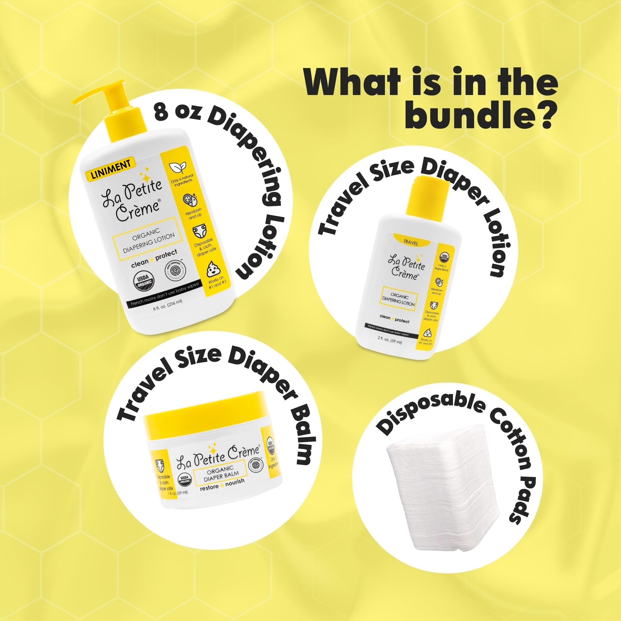 La Petite Creme Premium French Diapering Gift Set: Includes Organic Diapering Lotion (8 oz), Travel-size Liniment Baby Lotion (2 oz), 1 Travel-size Diaper Balm (1 oz), 50 Disposable Cotton Pads