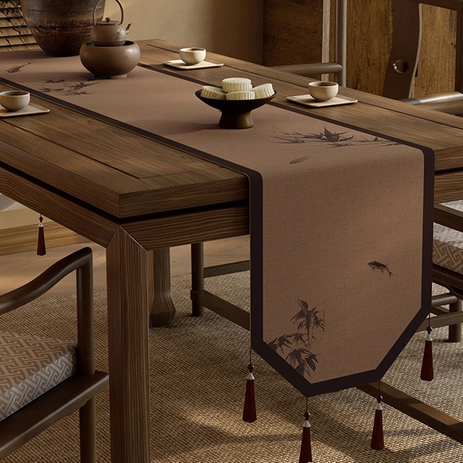 Runner da Tavolo Cotone Lino 35x240 cm, Runner da Tavola Moderno Lavabile Motivo Foglie e Pesci in Stile Cinese con Nappe Decorazioni per Tavolino da Compleanni Matrimoni, Marrone