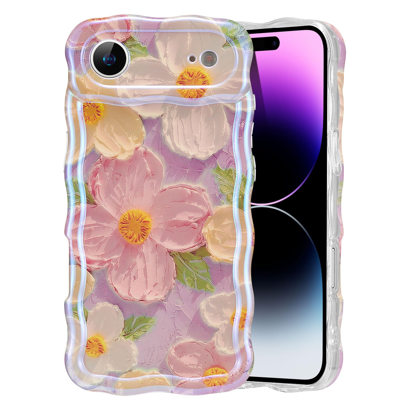 EYZUTAK Case for iPhone 15, Colorful Retro Oil Painting Flower Laser Beam Glossy Pattern Cute Curly Waves Border Exquisite Phone Cover Stylish Durable Soft TPU Protective Case for Girls Women - Green — view 43