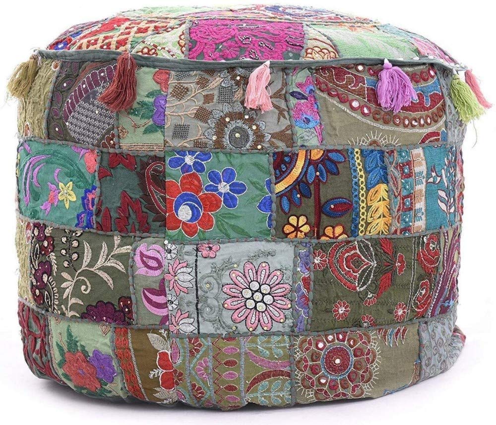 Sophia-Art Indian Embroidered Patchwork Cover Indian Decorative Pouf Indian Comfortable Floor Cotton Cushion Ottoman Pouf,Indian Designs Ethnic Patchwork Pouf (Gray, 14"x22")