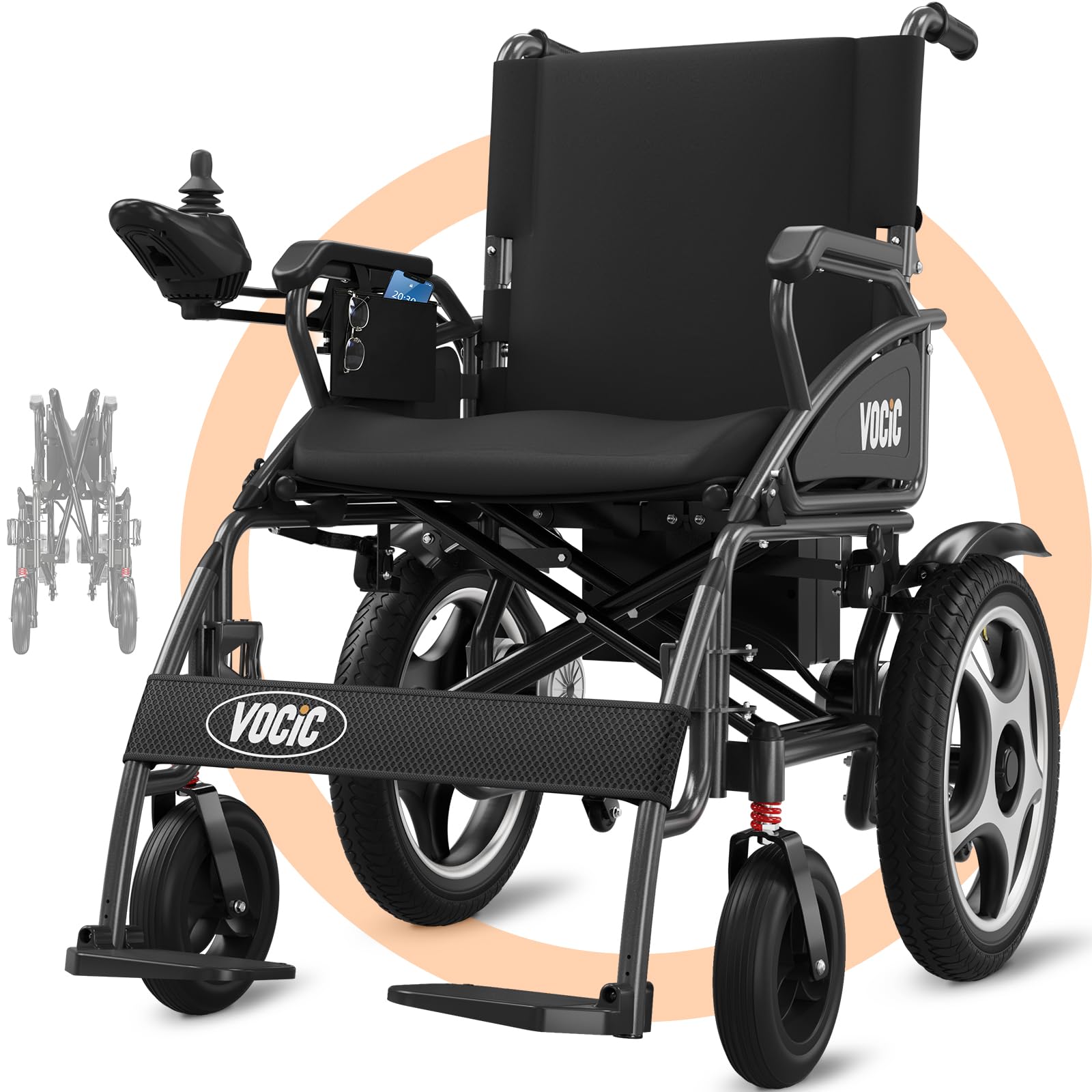 VOCIC Sedia a rotelle elettrica pieghevole leggera V58, sedia a rotelle elettrica fino a 150 kg, con pneumatici in gomma per esterni, 500 W, sedile morbido 46 cm, grigio perla, 5 anni di supporto - 1