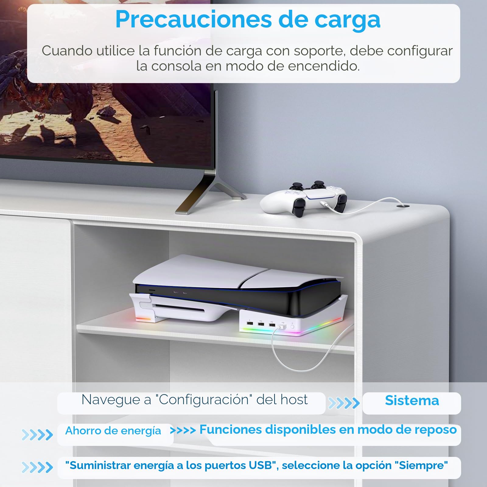 FYOUNG - Soporte de seguridad horizontal para PS5 Pro / PS5 Slim edición digital y disco con 14 luces RGB, accesorios de base de soporte antideslizante con 4 puertos USB - Blanco
