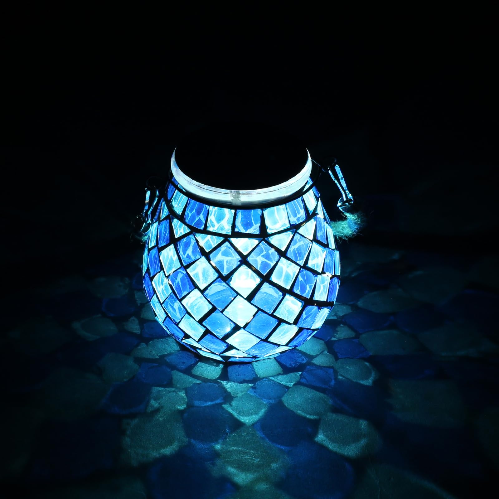 Mosaic Solar Lights Outdoor Lanterns, Decorative Mosaic Glass Solar Lamps Outdoor Waterproof, Hanging Lanterns Solar Night Lights for Garden,Patio,Pathway & Yard Décor (Blue)