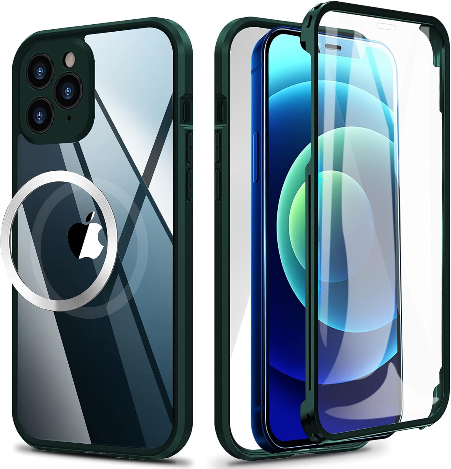 Full Body Case Designed for iPhone 11 Pro Max, Double Sided Buckle/Tempered Glass Case with Built-in Screen Protector, Shockproof Bumper Case for iPhone 11 Pro Max 6.5" Support Magsafe Charge - Green