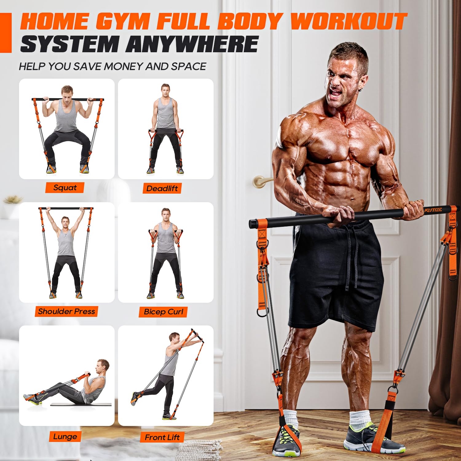 Pilates Equipment, Heavy Duty Pilates Bar Kit with Resistance Bands for Men, Strength Training Bar for Legs, Hip, Waist Back, Arm, Abs, Chest, Shoulders, Portable Home Gym Full Body Workout Equipment