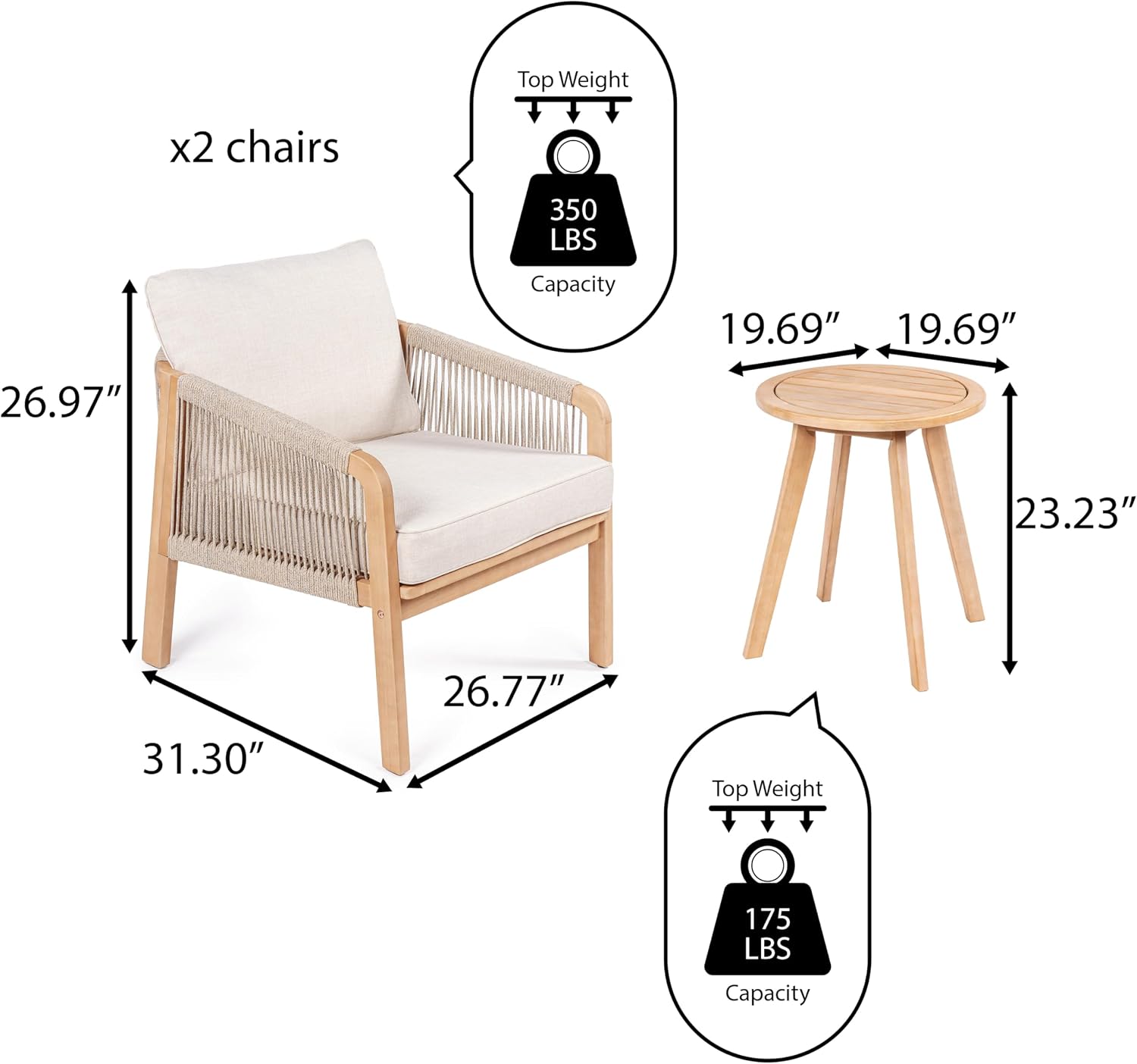 JONATHAN Y Aveiro Light Teak/Beige Coastal 3-Piece Acacia Wood Outdoor Patio Conversation Set, Rope Woven Chairs with Cushions and Round Side Table for Backyard, Porch, Garden LVG1203A-3SET
