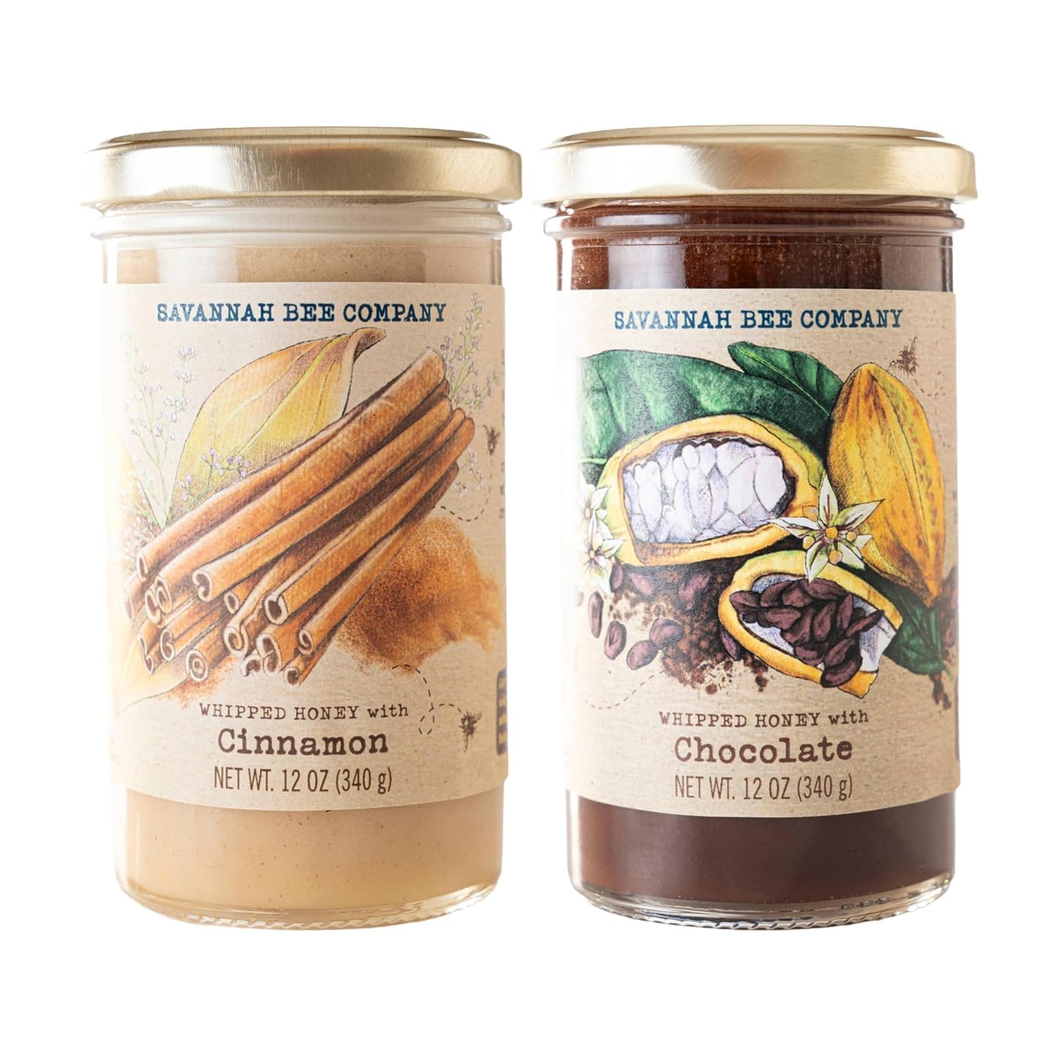 Whipped Honey Gift Set by Savannah Bee - Creamy, Smooth, Spreadable and absolutely Delicious - 100% Natural and Pure Honey - 12 Oz (Cinnamon and Chocolate)