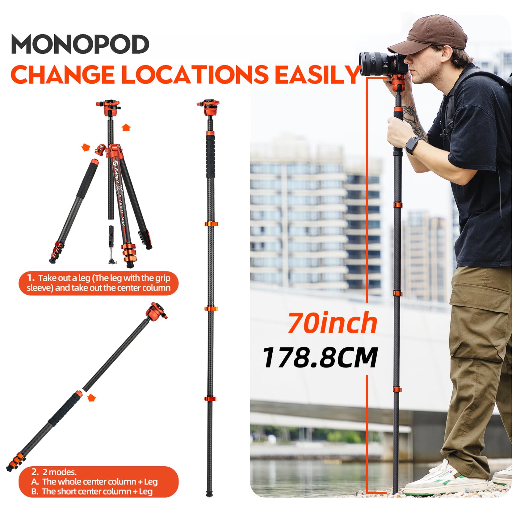 Fotopro X-AIRFLY Max Trípode de fibra de carbono de 65.4 pulgadas con bloqueo abatible, trípode de fotografía sin esfuerzo, monopié, ligero, estable, expandible, 3 libras, trípode portátil para cámara