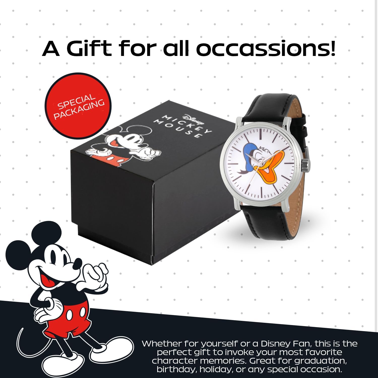 Donald Duck Watch for Men – Vintage-Inspired Donald Duck Watches for Men Featuring 's Face – Stylish & Fun Timepiece, White Dial, Silver Case & Black Leather Strap