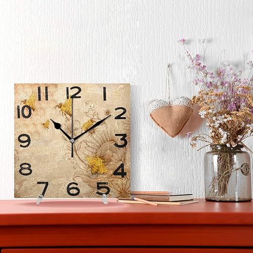 Miniatura 2 de Elegante reloj de pared cuadrado con estampado vintage de abejas y girasoles, 8 pulgadas, funciona con pilas, reloj de escritorio analógico