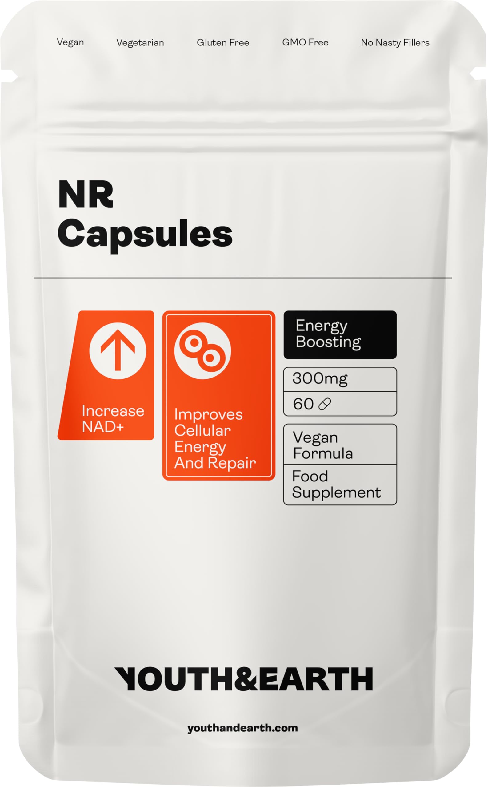 Youth & EarthNR (Nicotinamide Riboside Chloride) 300mg | NAD+ Booster Delayed Release Capsules for Anti-Aging | Support Energy Metabolism - Promotes DNA Repair & Cardiovascular Health | 60 Capsules