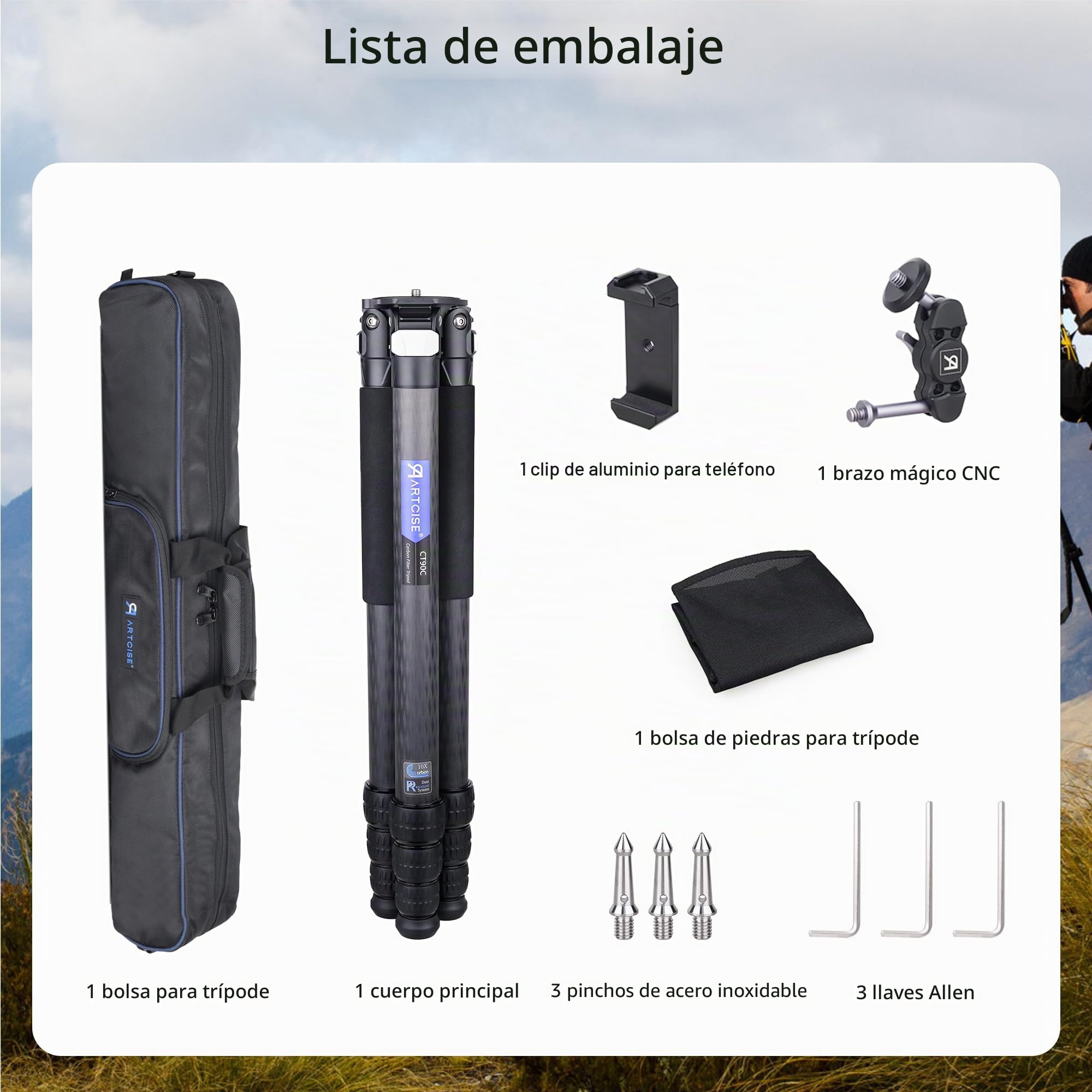 ARTCISE CT90C - Trípode compacto de fibra de carbono con bolsa de piedra para videocámara réflex digital Canon, Sony, Nikon, DSLR, carga máxima de 88 libras