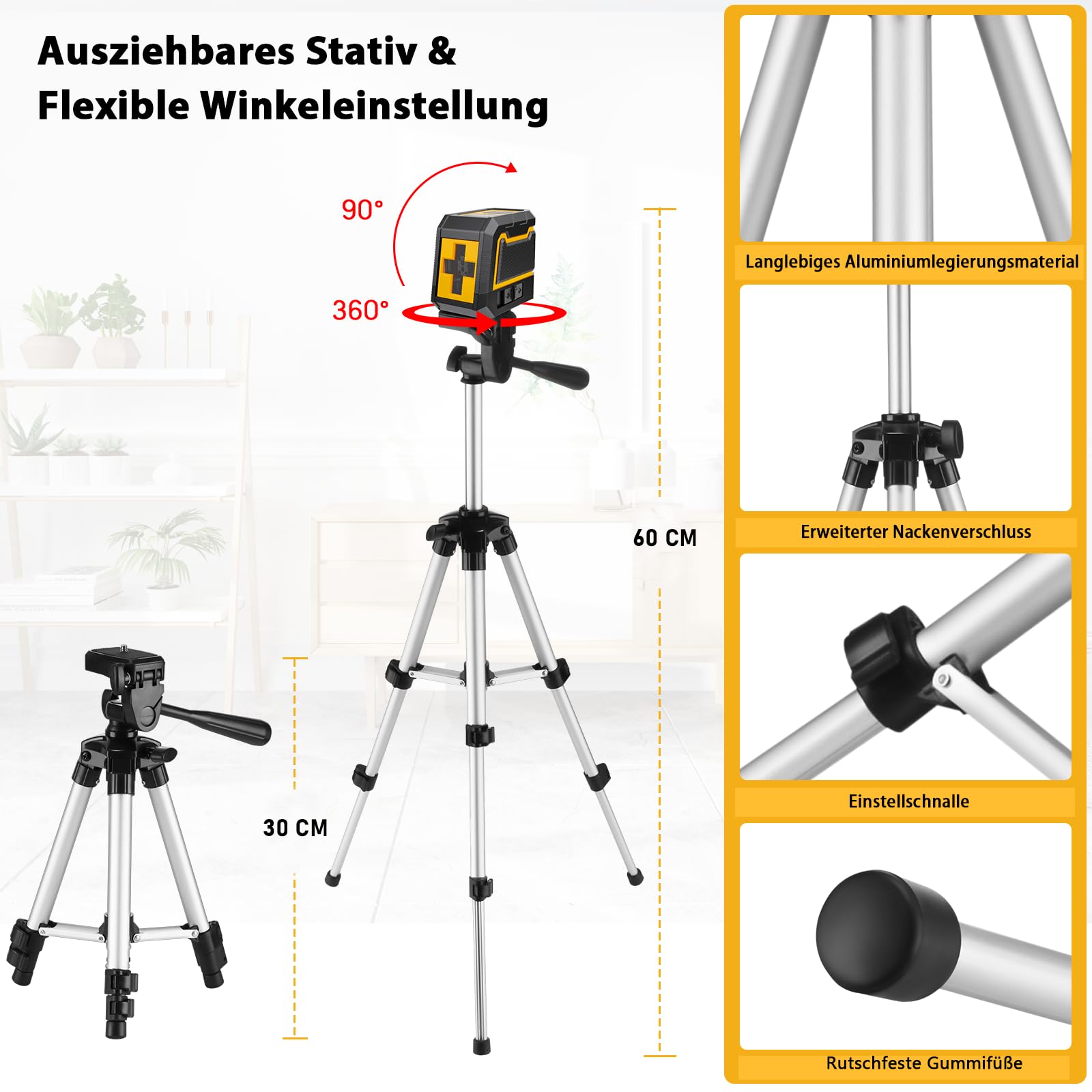 Kreuzlinienlaser mit Stativ,ASOBRIS Laser-Wasserwaage Selbstnivellierend Linienlaser Grün, Vertikale und Horizontale Laser Level für Baustellen und Heimwerkerprojekt Batterie Enthalten (Dunkelgelb)